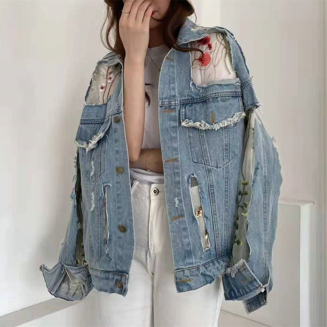 Streetwear Embroidery Lace Patchwork Denim Jacket (Plus Sizes Avail)