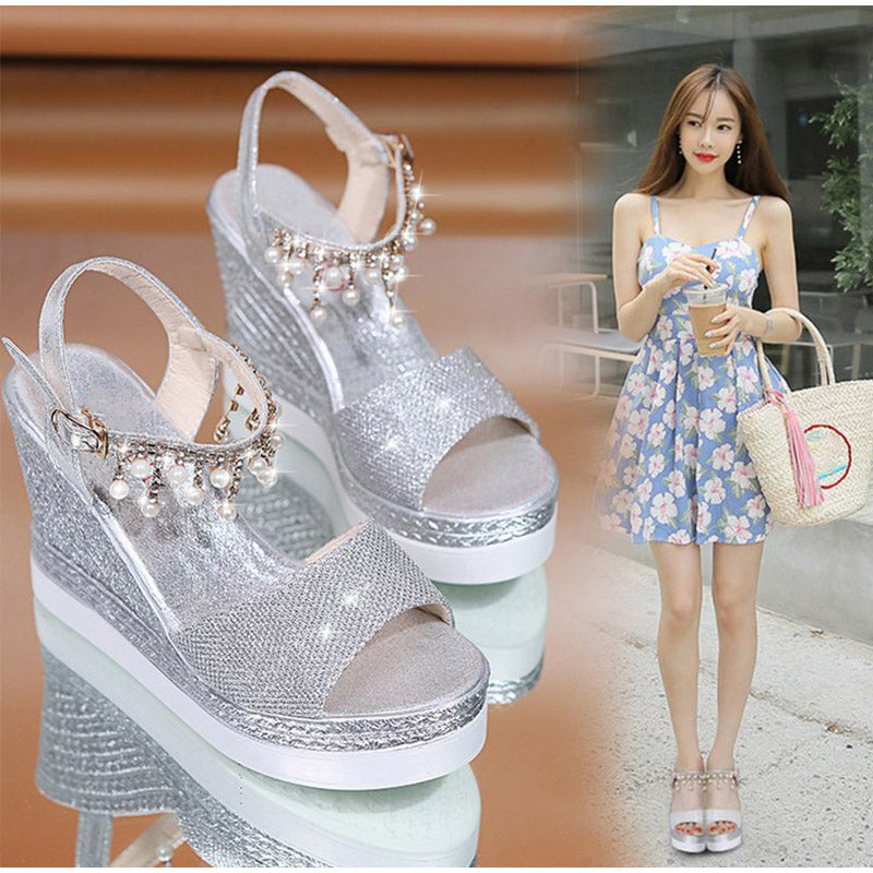 Summer Bead Studded Platform Wedges