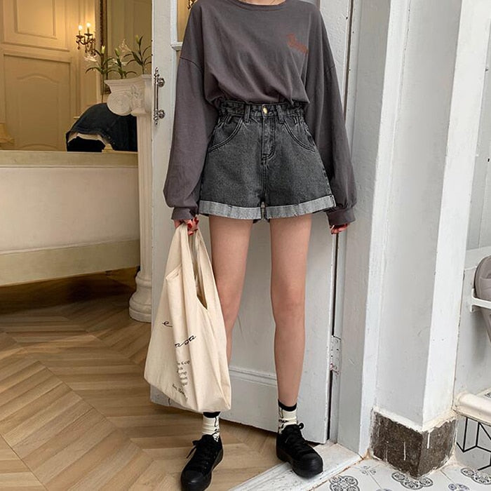 High Elastic Waist Denim Shorts