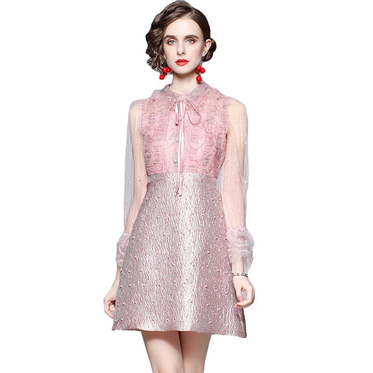 Elegant Pink Patchwork Jacquard Dress