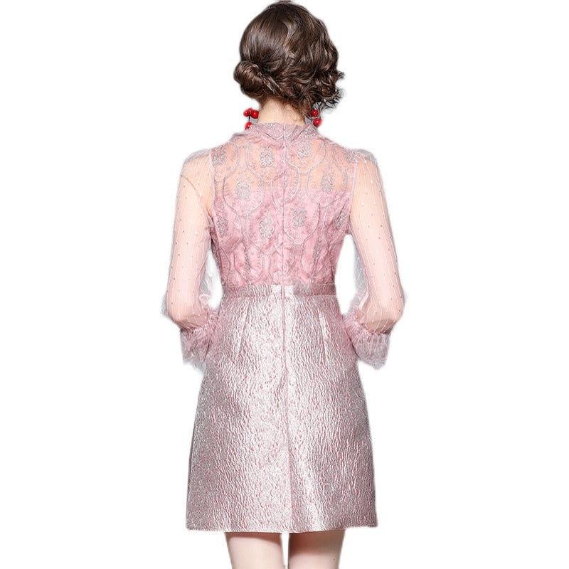 Elegant Pink Patchwork Jacquard Dress