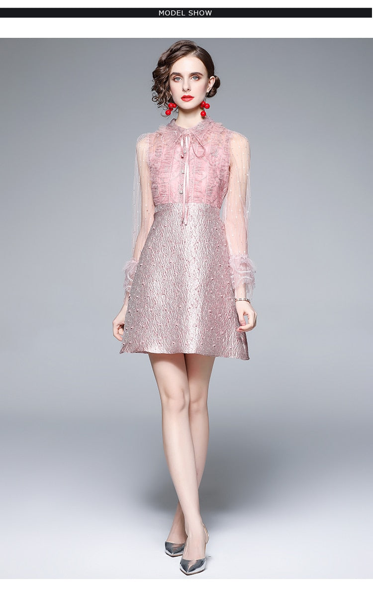 Elegant Pink Patchwork Jacquard Dress