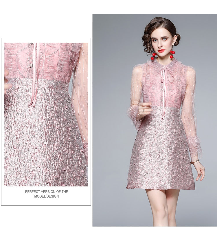 Elegant Pink Patchwork Jacquard Dress