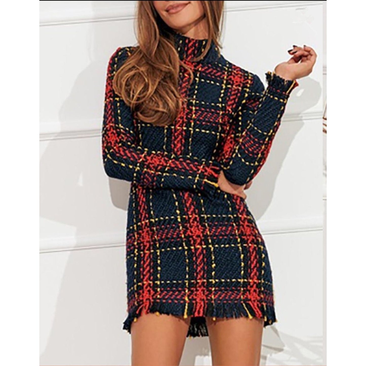 Turtleneck Plaid Sweater Mini Dress