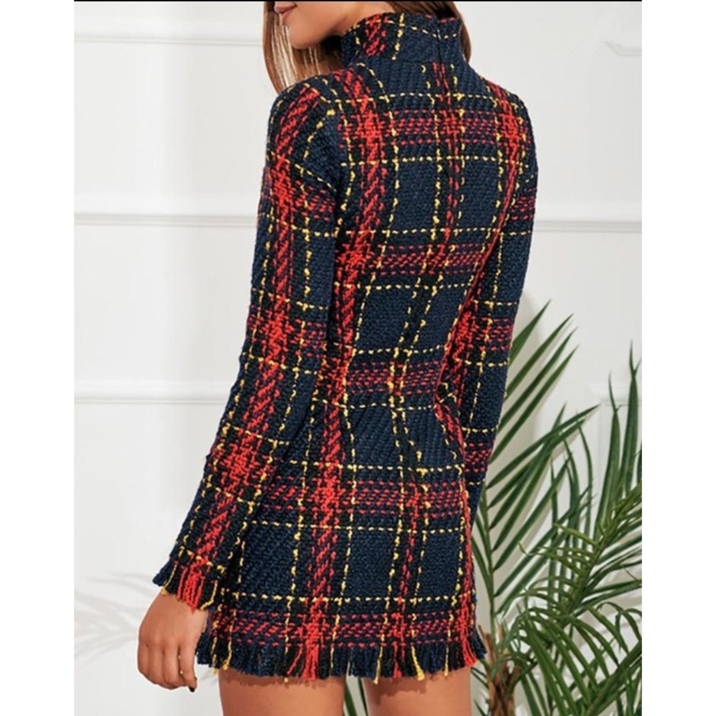 Turtleneck Plaid Sweater Mini Dress