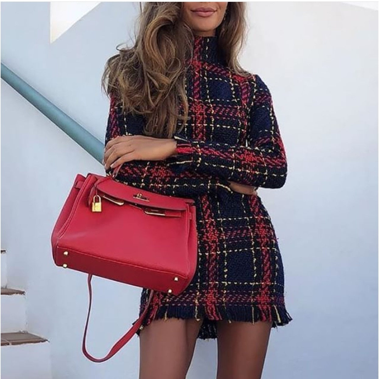 Turtleneck Plaid Sweater Mini Dress