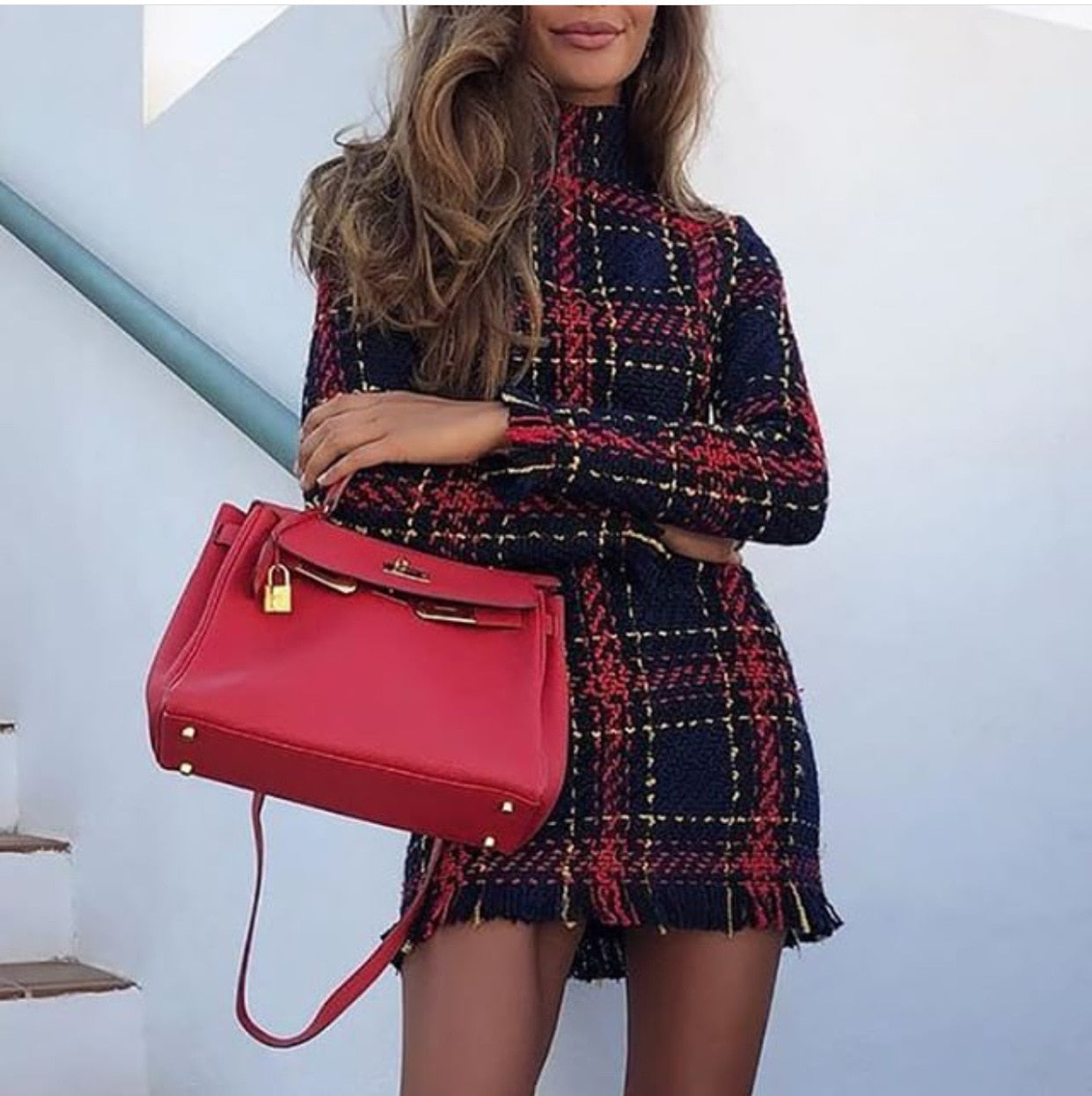 Turtleneck Plaid Sweater Mini Dress