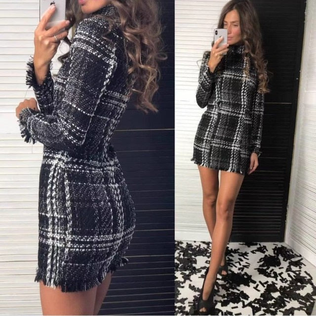 Turtleneck Plaid Sweater Mini Dress