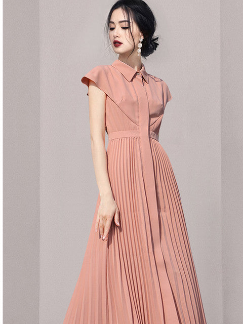 Short Sleeve Pleated Midi Dress